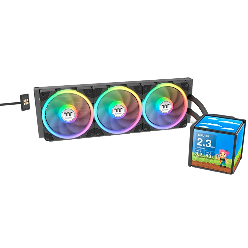 Refrigeración Líquida Thermaltake AIO MINECUBE 360 Ultra ARGB Sync · Radiador 360mm · 3 Ventiladores ARGB · LGA 1851/1700 + AM5/AM4 · Negro