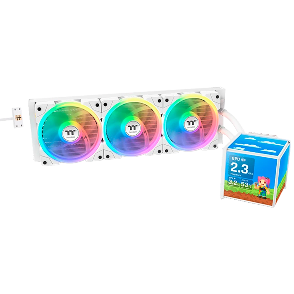 Refrigeración Líquida Thermaltake AIO MINECUBE 360 Ultra ARGB Sync · Radiador 360mm · 3 Ventiladores ARGB · LGA 1851/1700 + AM5/AM4 · Blanco